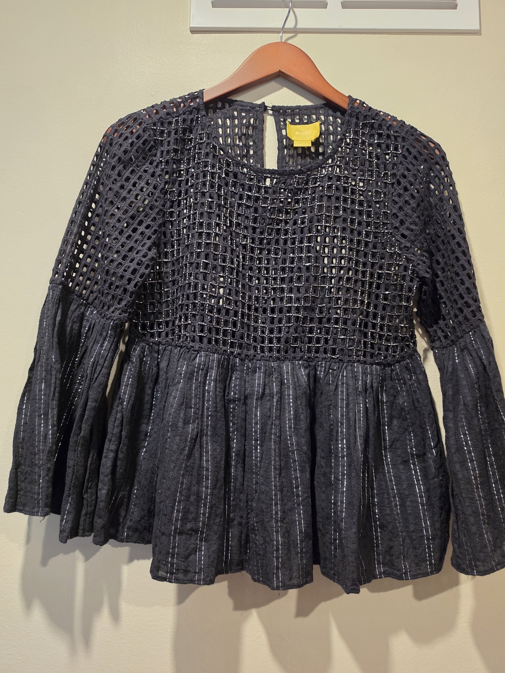 Anthropologie Maeve Black Beaded Peplum Top Silver Metallic Stripe Crochet US 4